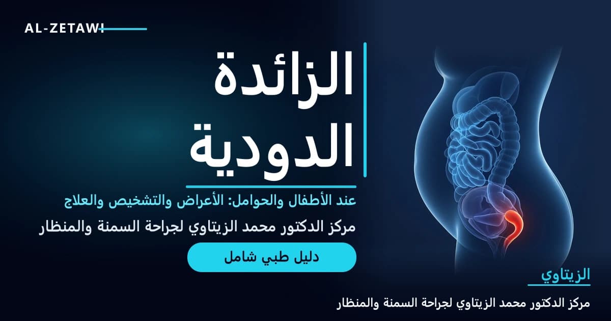 رسم طبي ثلاثي الأبعاد لحامل من الجانب يظهر موقع الزائدة الدودية — التهاب الزائدة الدودية عند الأطفال والحوامل | د. محمد عبد الوهاب الزيتاوي