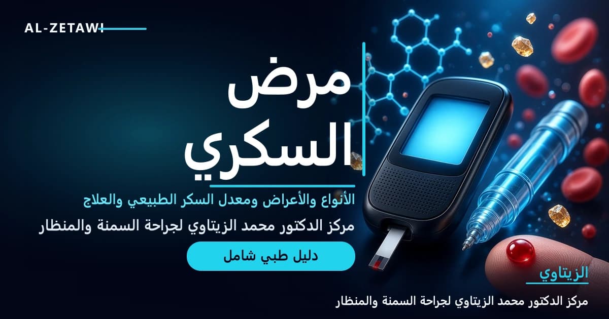 جهاز قياس السكر مع قطرة دم على الإصبع وقلم إنسولين وجزيئات الجلوكوز — مرض السكري ومعدل السكر الطبيعي | د. محمد عبد الوهاب الزيتاوي