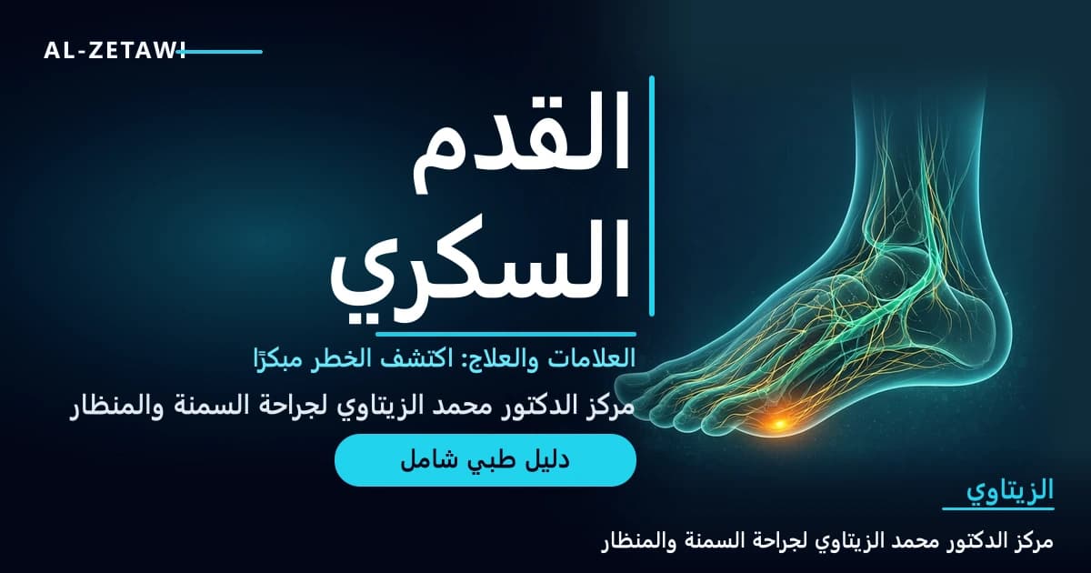 رسم طبي ثلاثي الأبعاد لقدم شفافة تظهر فيها الأوعية الدموية باللون الفيروزي وخطوط الأعصاب الذهبية مع بقعة تحذيرية كهرمانية صغيرة على باطن القدم — القدم السكري | د. محمد عبد الوهاب الزيتاوي