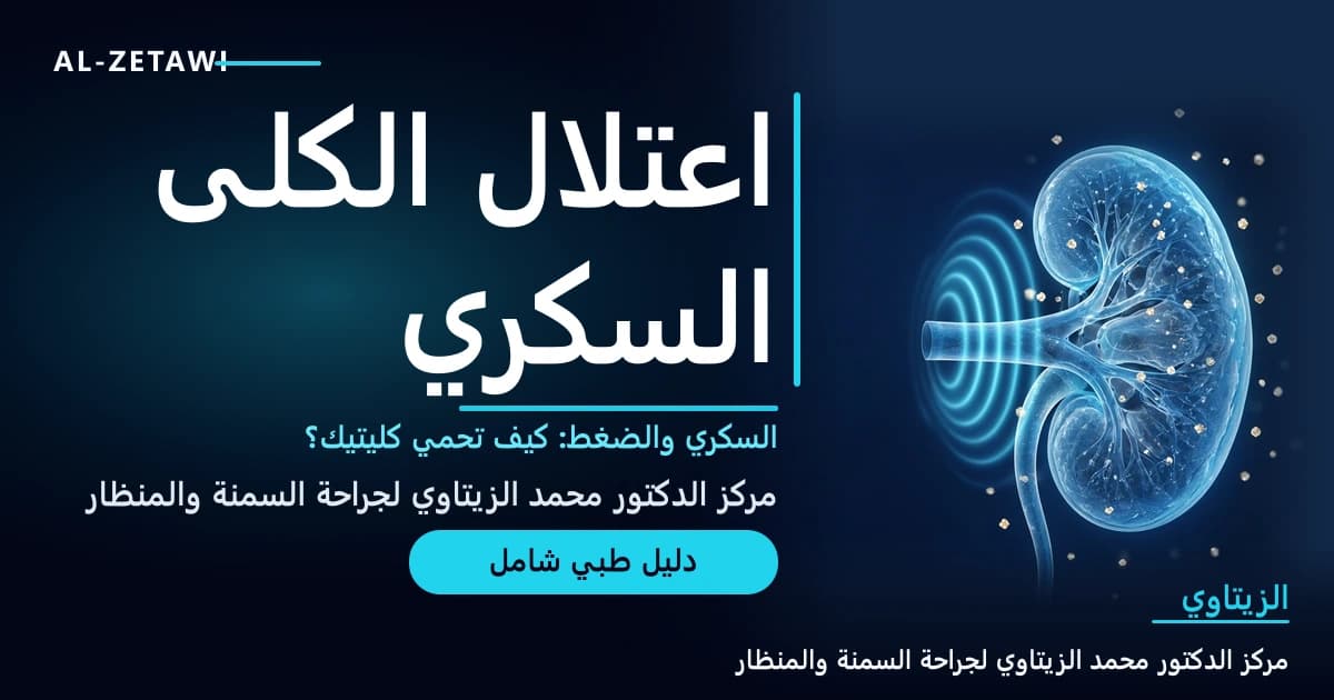 رسم طبي ثلاثي الأبعاد لكلية زجاجية شفافة زرقاء مع شريانها محاطًا بحلقات ضغط مضيئة وبلورات سكر متوهجة حولها — اعتلال الكلى السكري والضغط | د. محمد عبد الوهاب الزيتاوي