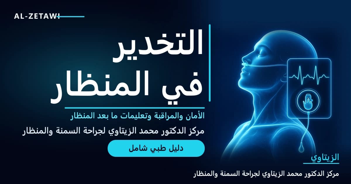 رسم طبي ثلاثي الأبعاد لمريض نائم بهدوء بلون فيروزي مضيء مع أنبوب أكسجين في الأنف وقسطرة وريدية وشاشة مراقبة تظهر نبض القلب وجهاز قياس الأكسجين على الإصبع — التخدير والتعافي بعد المنظار | د. محمد عبد الوهاب الزيتاوي