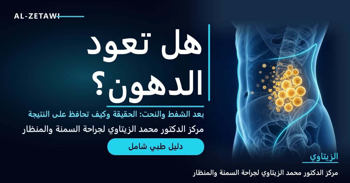رسم طبي ثلاثي الأبعاد لجذع شفاف بأسلوب الأشعة مع خلايا دهنية ذهبية متوهجة عند الخصر وخط مضيء يحدد محيطه — هل تعود الدهون بعد الشفط والنحت | د. محمد عبد الوهاب الزيتاوي