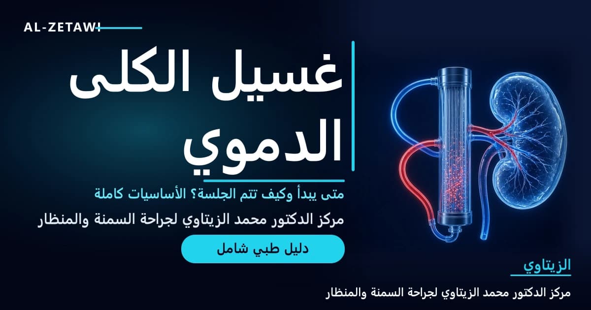 رسم طبي ثلاثي الأبعاد لكلية زجاجية شفافة زرقاء بجانب فلتر غسيل شفاف تمر فيه أنابيب دم حمراء وزرقاء مضيئة — غسيل الكلى الدموي | د. محمد عبد الوهاب الزيتاوي