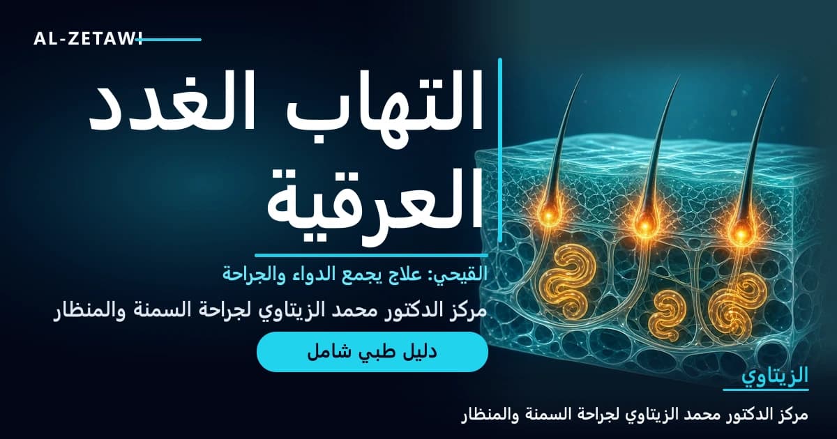 رسم طبي ثلاثي الأبعاد لمقطع في الجلد بطبقات فيروزية شفافة تظهر فيه بصيلات غدد عرقية ملتهبة مضيئة بلون كهرماني وأنفاق صغيرة تحت السطح — التهاب الغدد العرقية القيحي | د. محمد عبد الوهاب الزيتاوي