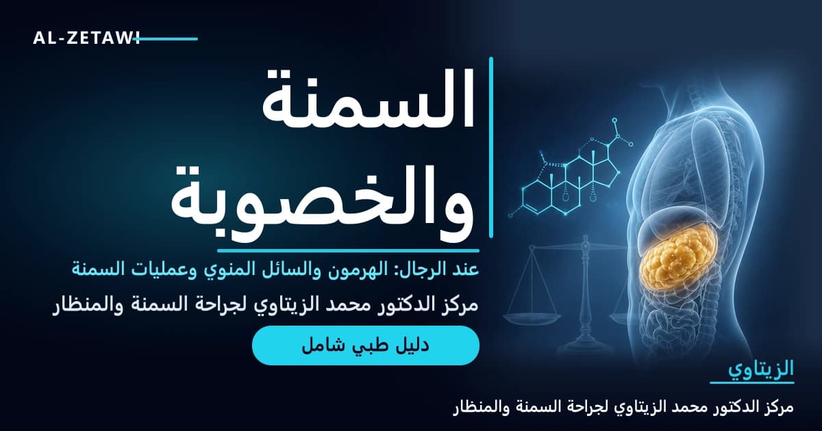 رسم طبي ثلاثي الأبعاد لجذع رجل شفاف بأسلوب الأشعة مع دهون حشوية ذهبية في البطن وجزيء هرمون الذكورة وميزان زجاجي — السمنة وخصوبة الرجل وعمليات السمنة | د. محمد عبد الوهاب الزيتاوي