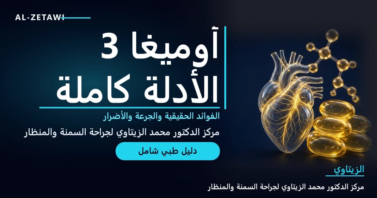 رسم طبي ثلاثي الأبعاد لقلب زجاجي شفاف بأوعية ذهبية مضيئة بجانب كبسولات أوميغا 3 ذهبية وجزيء حمض دهني — أوميغا 3 الفوائد والأدلة والجرعة | د. محمد عبد الوهاب الزيتاوي