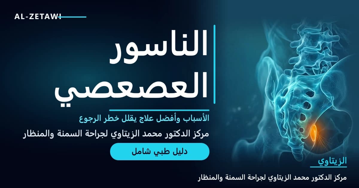 رسم طبي ثلاثي الأبعاد لمنطقة أسفل الظهر والعصعص من الخلف يظهر فيه مسار جيب صغير مضيء باللون الكهرماني مع شعيرات دقيقة — الناسور العصعصي | د. محمد عبد الوهاب الزيتاوي