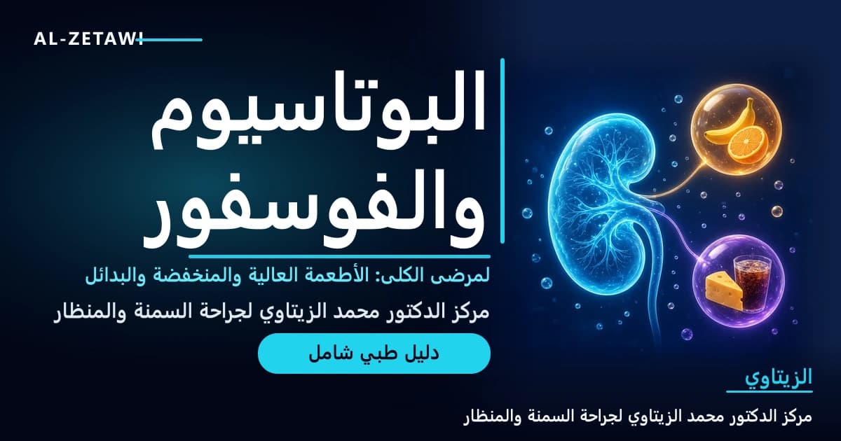رسم طبي ثلاثي الأبعاد لكلية فيروزية مضيئة متصلة بكرتين زجاجيتين إحداهما برتقالية فيها موز وبرتقال والأخرى بنفسجية فيها جبن وكوب كولا — البوتاسيوم والفوسفور لمرضى الكلى | د. محمد عبد الوهاب الزيتاوي