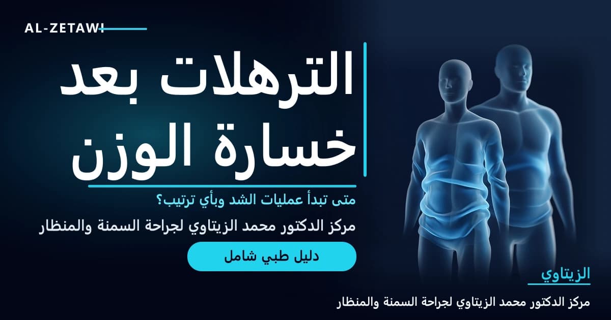 رسم طبي ثلاثي الأبعاد لجسمين شفافين يمثلان الجسم قبل خسارة الوزن وبعدها مع طيات جلد مترهل — الترهلات بعد خسارة الوزن | د. محمد عبد الوهاب الزيتاوي