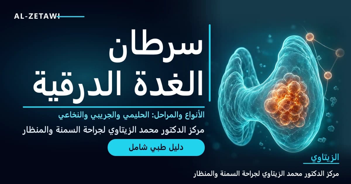 رسم طبي ثلاثي الأبعاد لغدة درقية يظهر داخل أحد فصيها تجمع من الخلايا غير الطبيعية المضيئة مع عقد لمفاوية قريبة بأسلوب جزيئي — سرطان الغدة الدرقية: الأنواع والمراحل والعلاج | د. محمد عبد الوهاب الزيتاوي