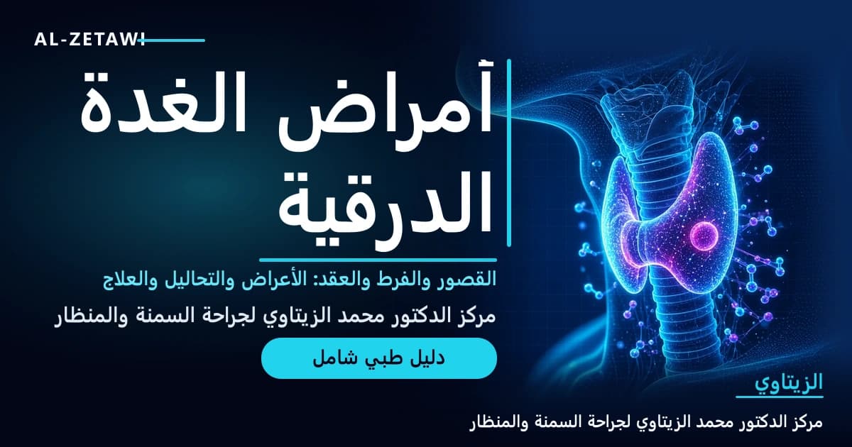 رسم طبي بلون فيروزي مضيء للغدة الدرقية على شكل فراشة في مقدمة الرقبة مع رموز الهرمونات — أمراض الغدة الدرقية القصور والفرط والعقد | د. محمد عبد الوهاب الزيتاوي