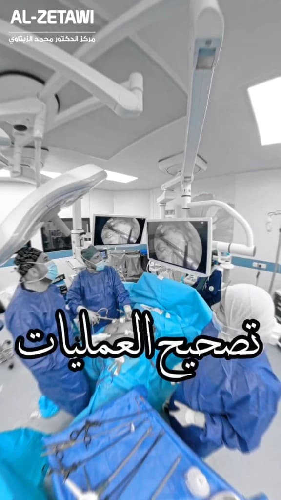 الفريق الجراحي أثناء عملية تصحيح لعملية سمنة سابقة بالمنظار مع شاشات المنظار في غرفة العمليات — مركز الدكتور محمد عبد الوهاب الزيتاوي