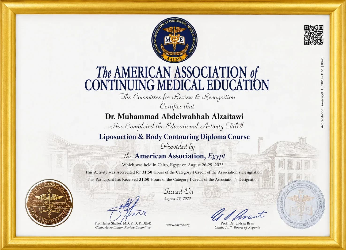 AACME Liposuction and Body Contouring diploma course certificate of Dr. Mohammad Al-Zaitawi, 2023