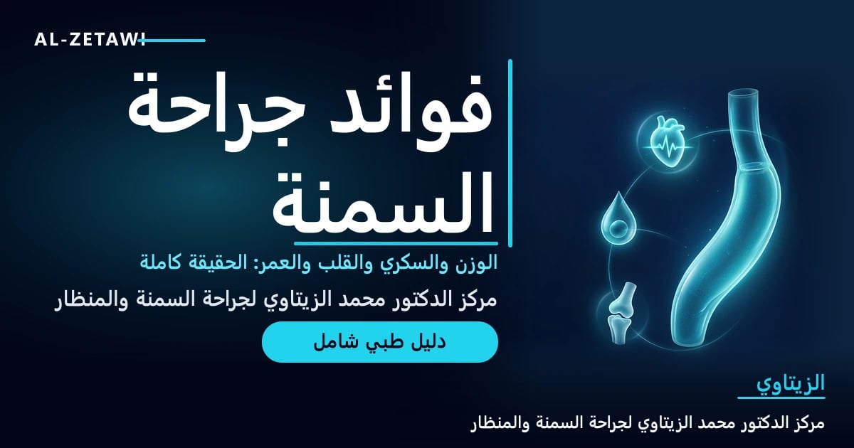 رسم طبي ثلاثي الأبعاد لمعدة مكممة مضيئة تحيط بها رموز القلب والسكر والمفصل — فوائد عمليات جراحة السمنة | د. محمد عبد الوهاب الزيتاوي