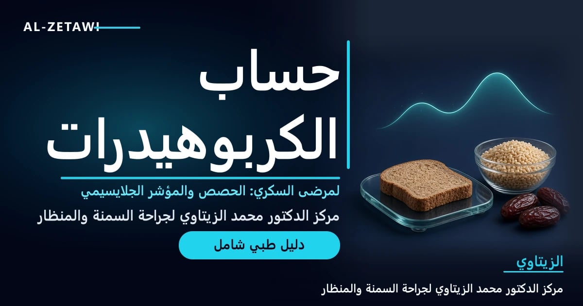 رسم طبي ثلاثي الأبعاد لميزان مطبخ زجاجي عليه شريحة خبز أسمر بجانب وعاء أرز بني وحبات تمر مع منحنى سكر فيروزي مضيء — حساب الكربوهيدرات والمؤشر الجلايسيمي | د. محمد عبد الوهاب الزيتاوي