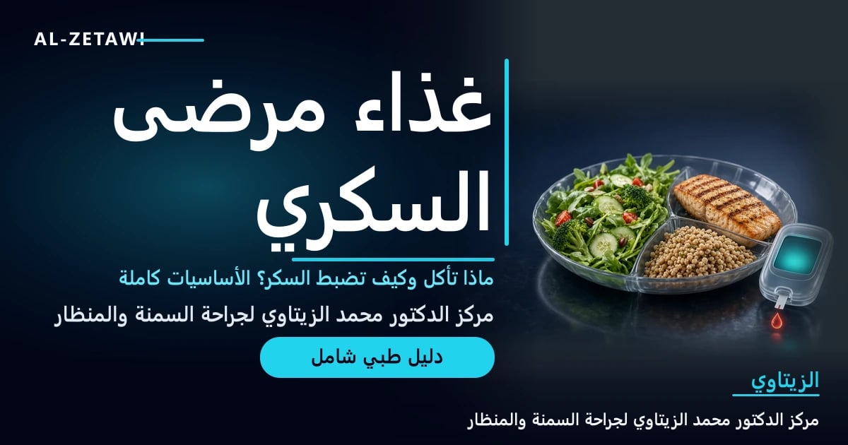 رسم طبي ثلاثي الأبعاد لطبق زجاجي مقسم نصفه خضار وربعه سمك مشوي وربعه حبوب كاملة بجانب جهاز قياس سكر شفاف — النظام الغذائي لمرضى السكري | د. محمد عبد الوهاب الزيتاوي