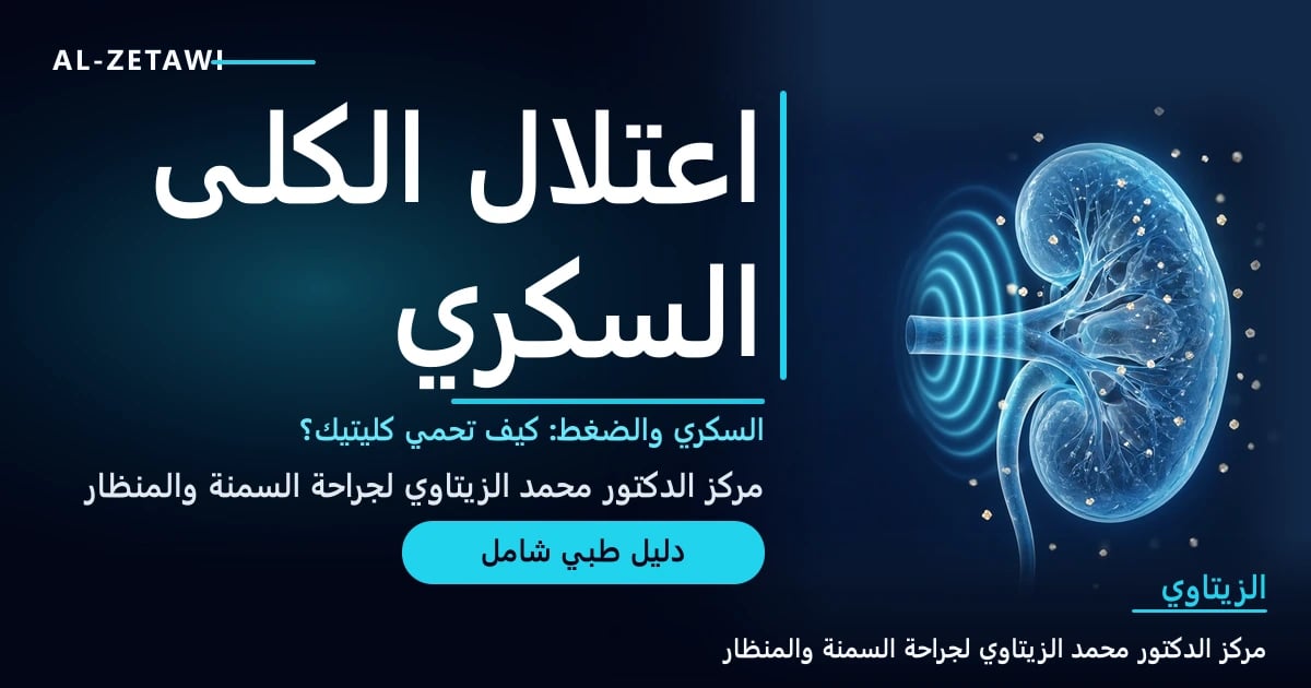 رسم طبي ثلاثي الأبعاد لكلية زجاجية شفافة زرقاء مع شريانها محاطًا بحلقات ضغط مضيئة وبلورات سكر متوهجة حولها — اعتلال الكلى السكري والضغط | د. محمد عبد الوهاب الزيتاوي