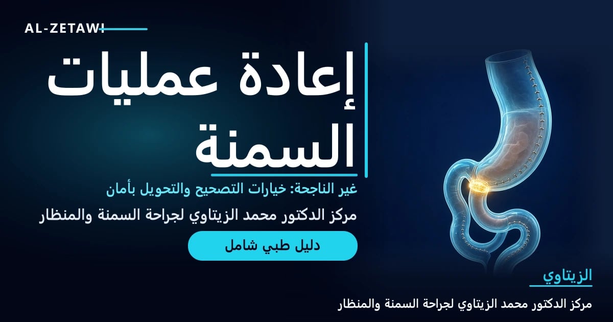 رسم طبي ثلاثي الأبعاد لمعدة مكممة يجري تحويلها إلى تحويل مسار مع وصلة جديدة مضيئة — تصحيح عمليات السمنة غير الناجحة | د. محمد عبد الوهاب الزيتاوي