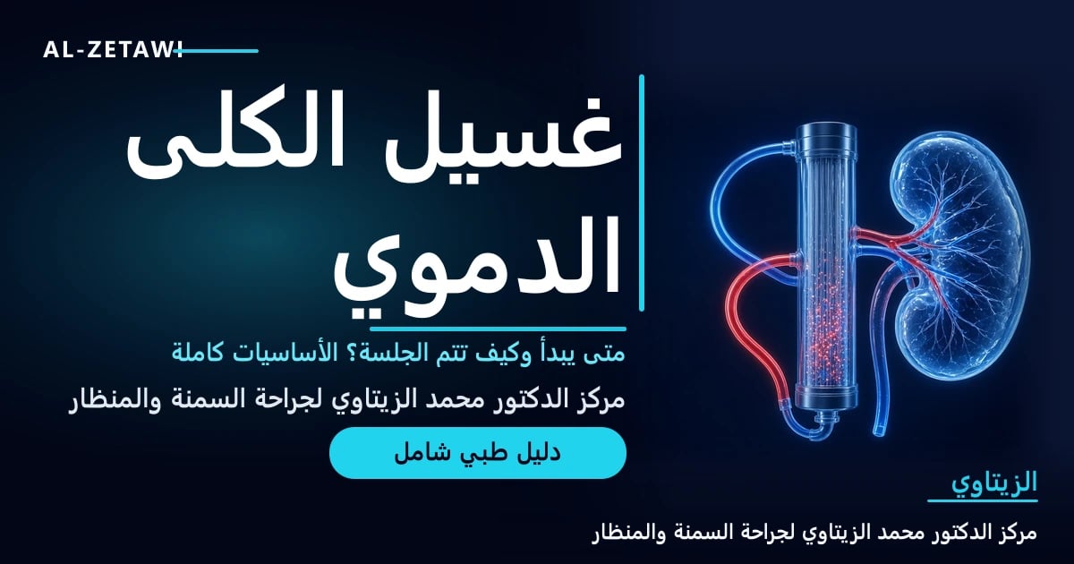 رسم طبي ثلاثي الأبعاد لكلية زجاجية شفافة زرقاء بجانب فلتر غسيل شفاف تمر فيه أنابيب دم حمراء وزرقاء مضيئة — غسيل الكلى الدموي | د. محمد عبد الوهاب الزيتاوي
