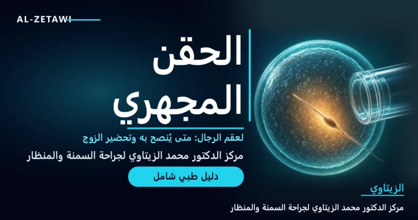 رسم مجهري متوهج لإبرة زجاجية دقيقة تحقن حيوانًا منويًا واحدًا داخل بويضة مضيئة — الحقن المجهري لعقم الرجال | د. محمد عبد الوهاب الزيتاوي