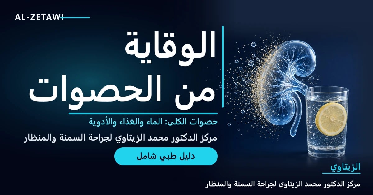 رسم طبي ثلاثي الأبعاد لكلية زجاجية شفافة زرقاء بجانب كأس ماء صافٍ مع شريحة ليمون وبلورات ذهبية تذوب حولها — الوقاية من حصوات الكلى | د. محمد عبد الوهاب الزيتاوي