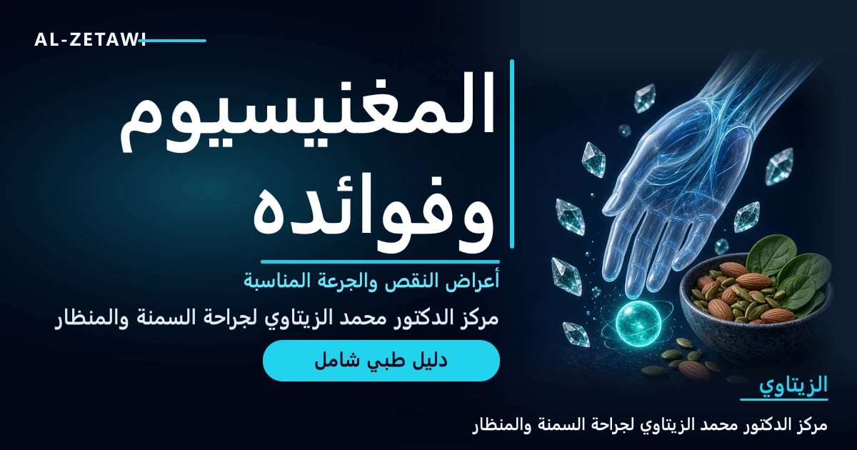 رسم طبي ثلاثي الأبعاد ليد زجاجية شفافة بألياف عضلية وأعصاب زرقاء مضيئة مع بلورات معدنية وكرة أيون المغنيسيوم ووعاء من اللوز وبذور اليقطين والسبانخ — المغنيسيوم أعراض النقص والفوائد | د. محمد عبد الوهاب الزيتاوي
