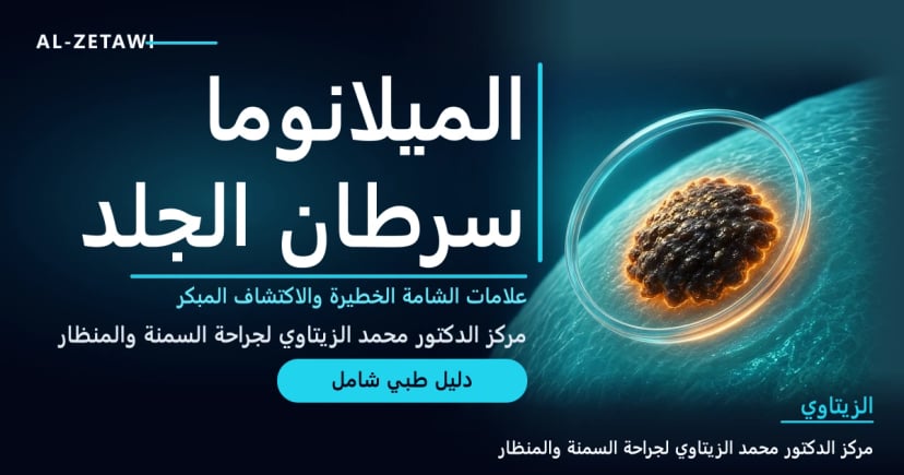 رسم طبي ثلاثي الأبعاد لمقطع جلد شفاف بطبقاته مع شامة داكنة غير منتظمة الحواف وخلايا صبغية مضيئة وعدسة مكبرة فوقها — الميلانوما: علامات الشامة الخطيرة | د. محمد عبد الوهاب الزيتاوي