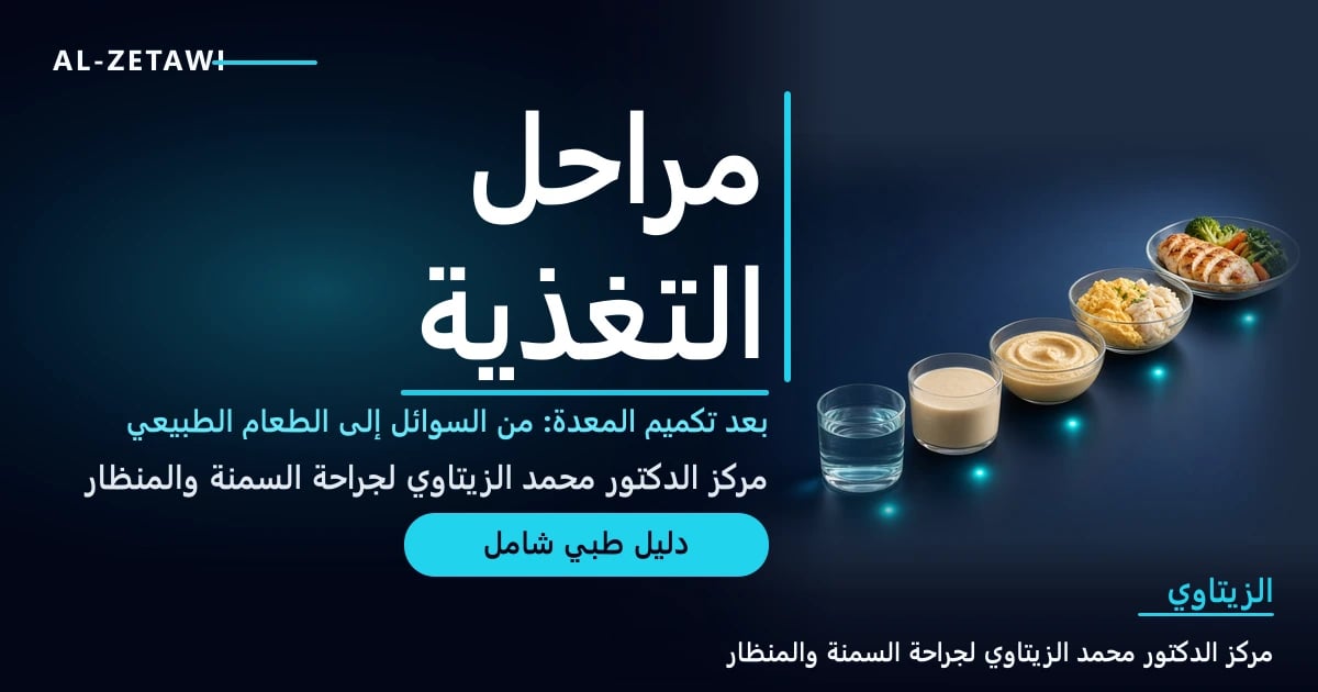 خمسة أوعية زجاجية متدرجة تمثل مراحل الأكل بعد تكميم المعدة: ماء ومرق صافٍ، ومشروب بروتين، وطعام مهروس، وطعام طري، ووجبة صحية — مراحل التغذية بعد تكميم المعدة | د. محمد عبد الوهاب الزيتاوي