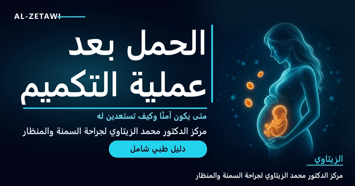 رسم طبي ثلاثي الأبعاد لسيدة حامل شفافة مع جنين مضيء وكبسولات فيتامينات — الحمل بعد عملية التكميم | د. محمد عبد الوهاب الزيتاوي