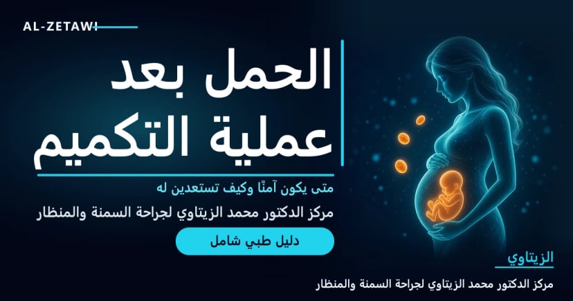 رسم طبي ثلاثي الأبعاد لسيدة حامل شفافة مع جنين مضيء وكبسولات فيتامينات — الحمل بعد عملية التكميم | د. محمد عبد الوهاب الزيتاوي