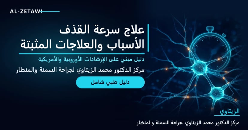 رسم طبي ثلاثي الأبعاد مجرد لمسارات عصبية شفافة متوهجة بلون فيروزي مع رمز ساعة على خلفية كحلية — علاج سرعة القذف: الأسباب والعلاجات المثبتة | د. محمد عبد الوهاب الزيتاوي