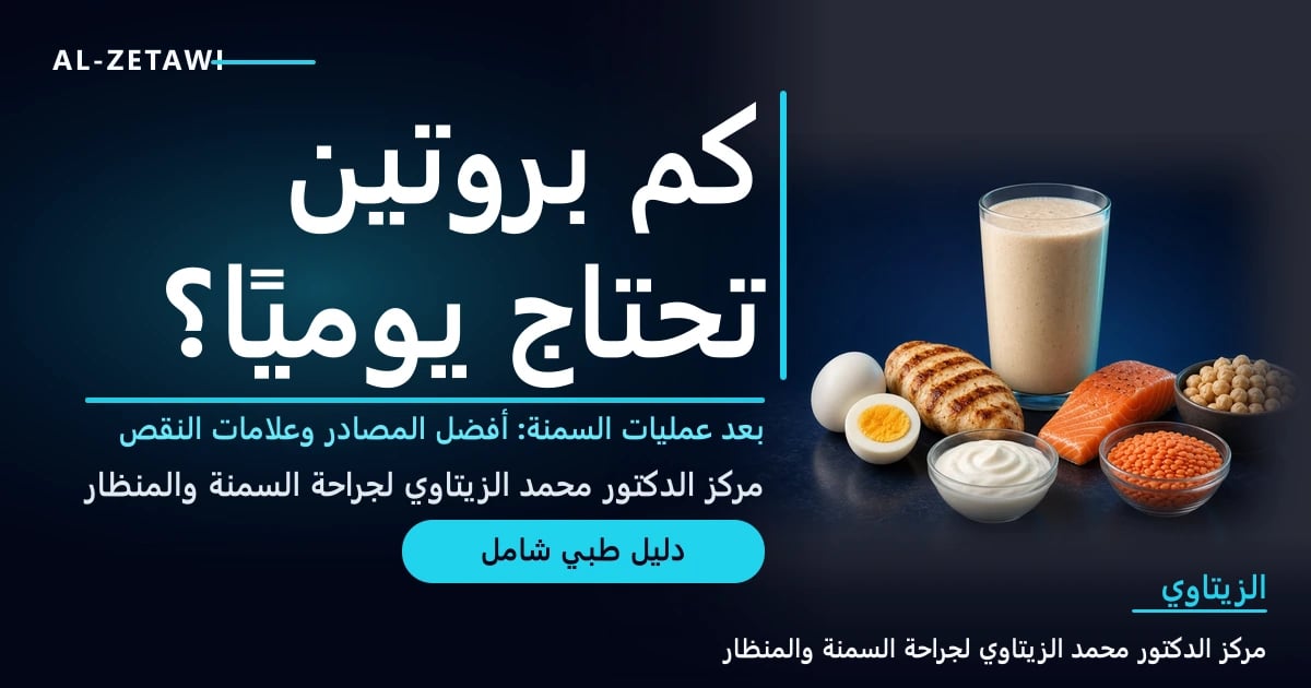 مصادر بروتين صحية مرتبة بأناقة: بيض وصدر دجاج مشوي وسلمون ولبن يوناني وعدس وحمص ومشروب بروتين — البروتين بعد عمليات السمنة | د. محمد عبد الوهاب الزيتاوي