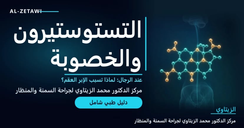 جزيء تستوستيرون مضيء مع خط محور هرموني ناعم يصل بين صورة ظلية للدماغ وأسفل الجسم — التستوستيرون والخصوبة | د. محمد عبد الوهاب الزيتاوي