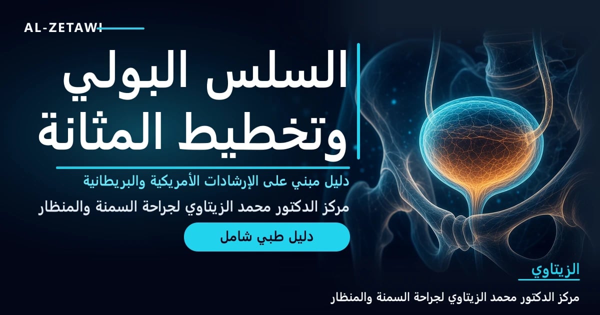 رسم طبي ثلاثي الأبعاد لمثانة بولية شفافة وعضلات قاع الحوض بخطوط فيروزية متوهجة على خلفية كحلية — السلس البولي وتخطيط المثانة: الأنواع والأسباب والعلاج | د. محمد عبد الوهاب الزيتاوي