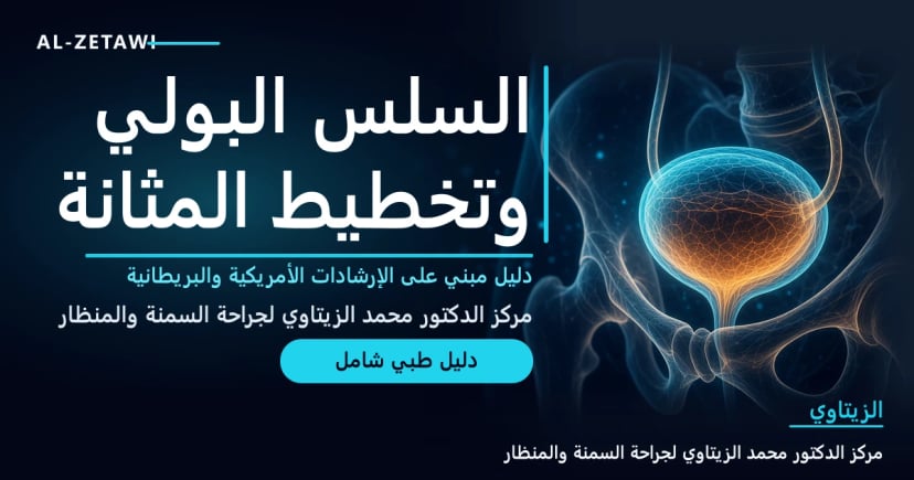 رسم طبي ثلاثي الأبعاد لمثانة بولية شفافة وعضلات قاع الحوض بخطوط فيروزية متوهجة على خلفية كحلية — السلس البولي وتخطيط المثانة: الأنواع والأسباب والعلاج | د. محمد عبد الوهاب الزيتاوي
