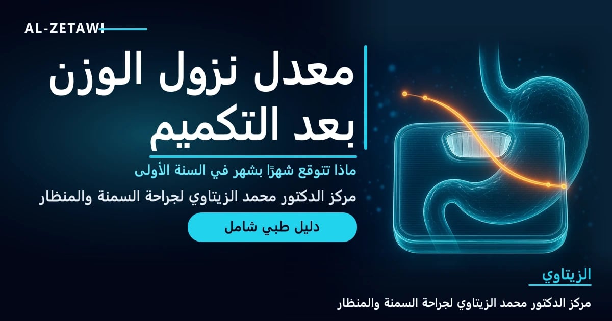 رسم طبي ثلاثي الأبعاد لمعدة شفافة فوق ميزان مع منحنى نازل لخسارة الوزن — معدل نزول الوزن بعد التكميم شهرًا بشهر | د. محمد عبد الوهاب الزيتاوي