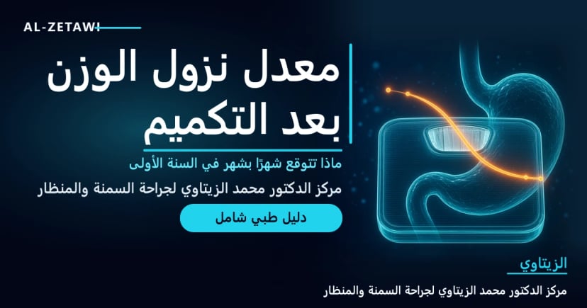 رسم طبي ثلاثي الأبعاد لمعدة شفافة فوق ميزان مع منحنى نازل لخسارة الوزن — معدل نزول الوزن بعد التكميم شهرًا بشهر | د. محمد عبد الوهاب الزيتاوي