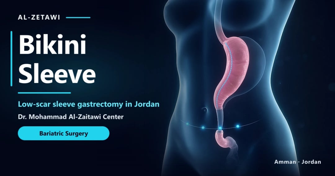 Bikini Sleeve Surgery in Jordan | Dr. Mohammad Al-Zaitawi Bikini Sleeve illustration: sleeve gastrectomy with discreet low port sites near the bikini line, Jordan