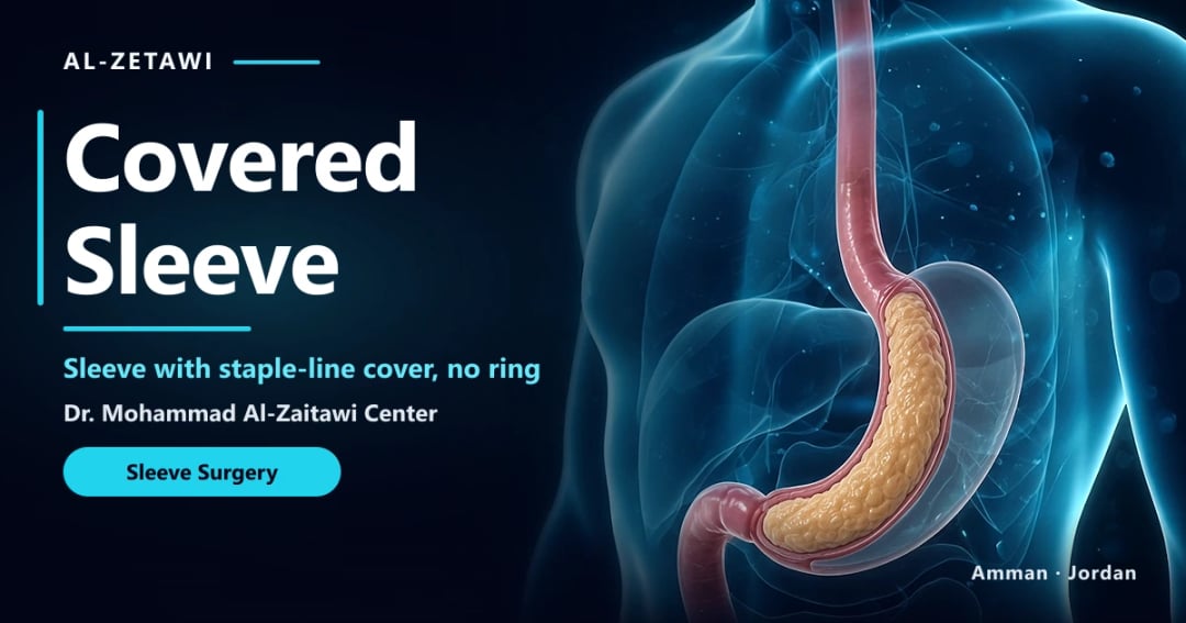 Covered Sleeve in Jordan | Dr. Mohammad Al-Zaitawi Covered sleeve 3D illustration: sleeve stomach with the staple line covered, no ring, Jordan