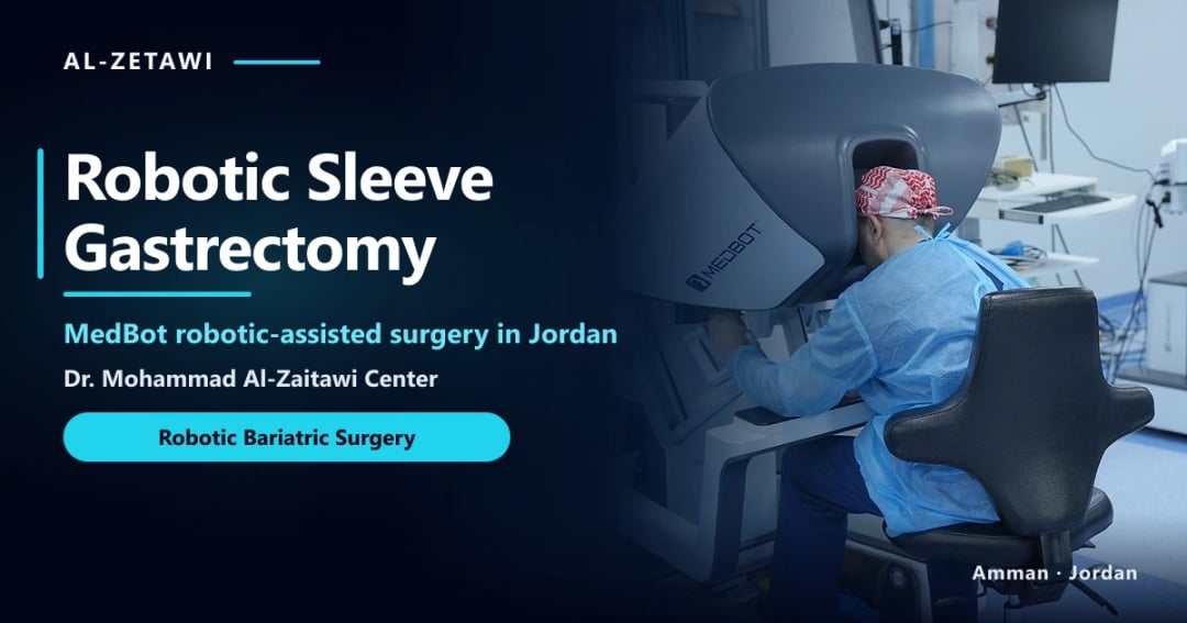 Dr. Mohammad Al-Zaitawi at the MedBot 3D robotic surgery console during robotic sleeve gastrectomy in Jordan