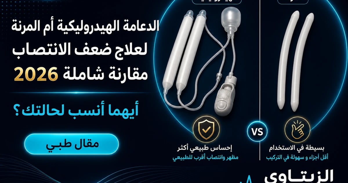 الدعامة الهيدروليكية أم المرنة لعلاج ضعف الانتصاب؟ مقارنة شاملة 2026 — صورة مقال طبي | د. محمد عبد الوهاب الزيتاوي