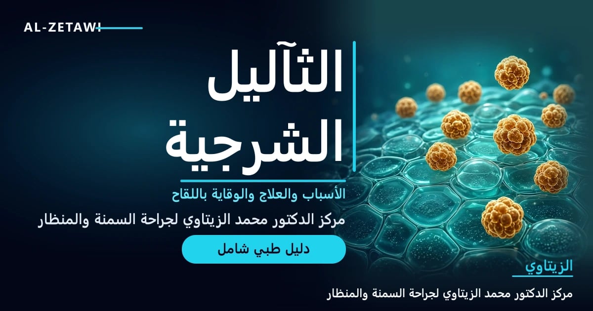 رسم علمي مجهري لخلايا جلدية مضيئة باللون الفيروزي مع جزيئات صغيرة كهرمانية تشبه القرنبيط تمثل فيروس الورم الحليمي البشري — الثآليل الشرجية | د. محمد عبد الوهاب الزيتاوي