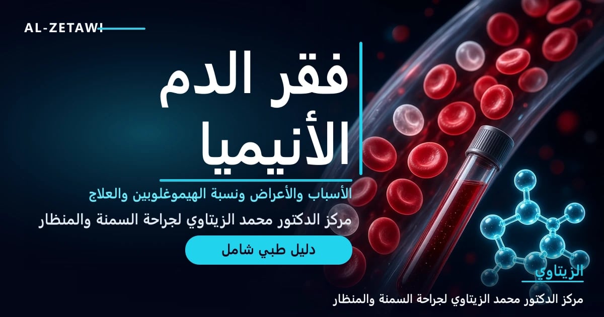 كريات دم حمراء بعضها شاحب داخل وعاء دموي مع أنبوب تحليل دم وجزيء الحديد — فقر الدم (الأنيميا) ونسبة الهيموغلوبين | د. محمد عبد الوهاب الزيتاوي