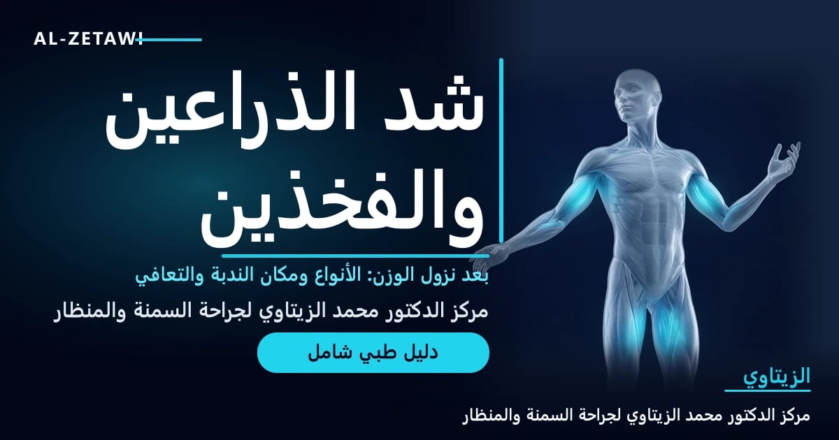 رسم طبي ثلاثي الأبعاد لجسم إنسان شفاف مع إضاءة على الجهة الداخلية للذراعين والفخذين — شد الذراعين والفخذين | د. محمد عبد الوهاب الزيتاوي