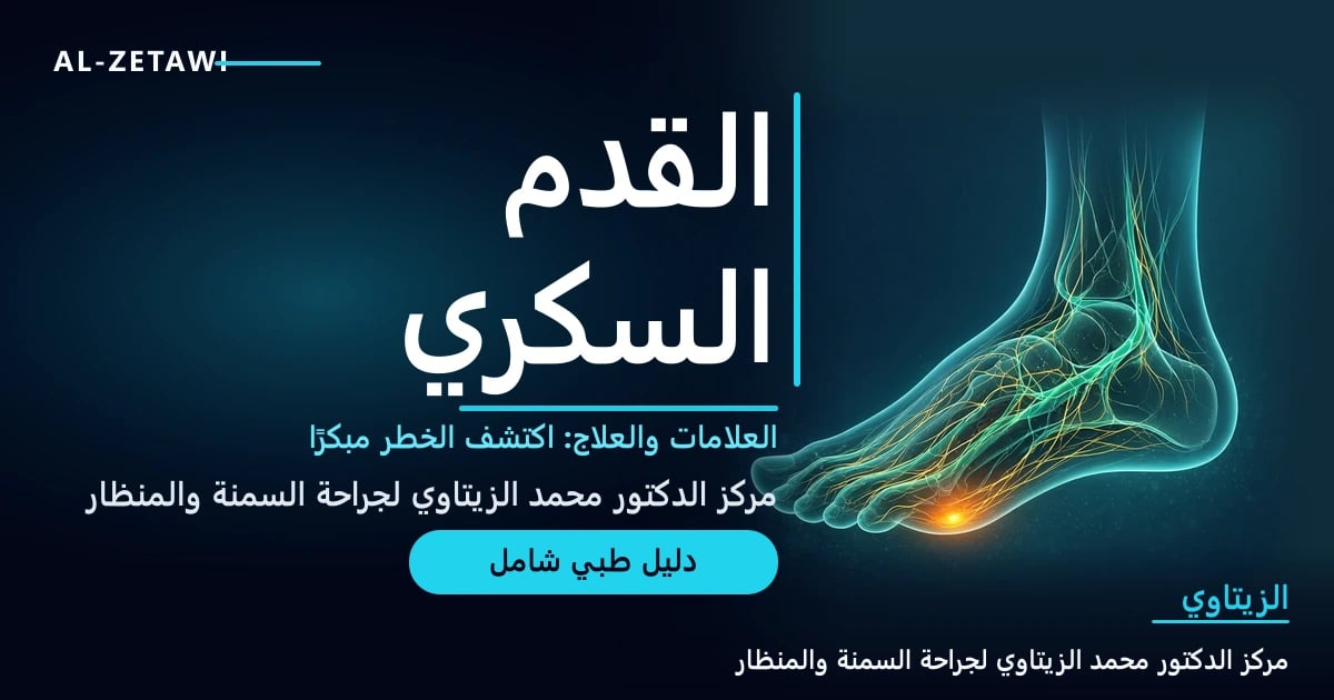 رسم طبي ثلاثي الأبعاد لقدم شفافة تظهر فيها الأوعية الدموية باللون الفيروزي وخطوط الأعصاب الذهبية مع بقعة تحذيرية كهرمانية صغيرة على باطن القدم — القدم السكري | د. محمد عبد الوهاب الزيتاوي