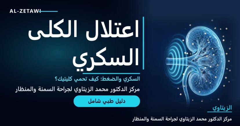 رسم طبي ثلاثي الأبعاد لكلية زجاجية شفافة زرقاء مع شريانها محاطًا بحلقات ضغط مضيئة وبلورات سكر متوهجة حولها — اعتلال الكلى السكري والضغط | د. محمد عبد الوهاب الزيتاوي