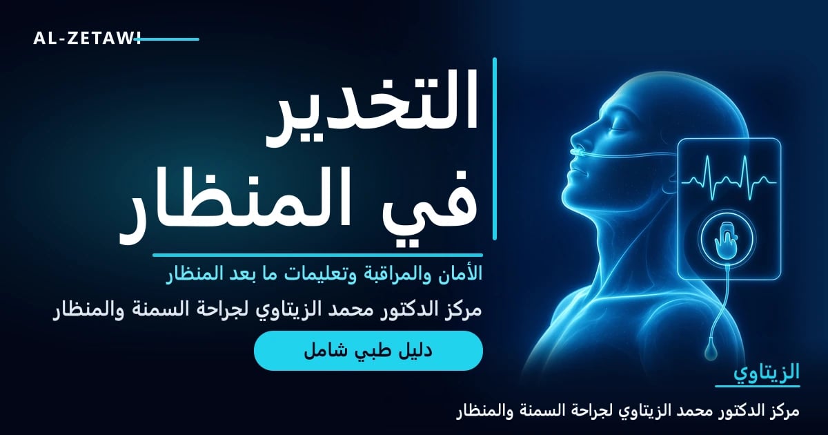 رسم طبي ثلاثي الأبعاد لمريض نائم بهدوء بلون فيروزي مضيء مع أنبوب أكسجين في الأنف وقسطرة وريدية وشاشة مراقبة تظهر نبض القلب وجهاز قياس الأكسجين على الإصبع — التخدير والتعافي بعد المنظار | د. محمد عبد الوهاب الزيتاوي