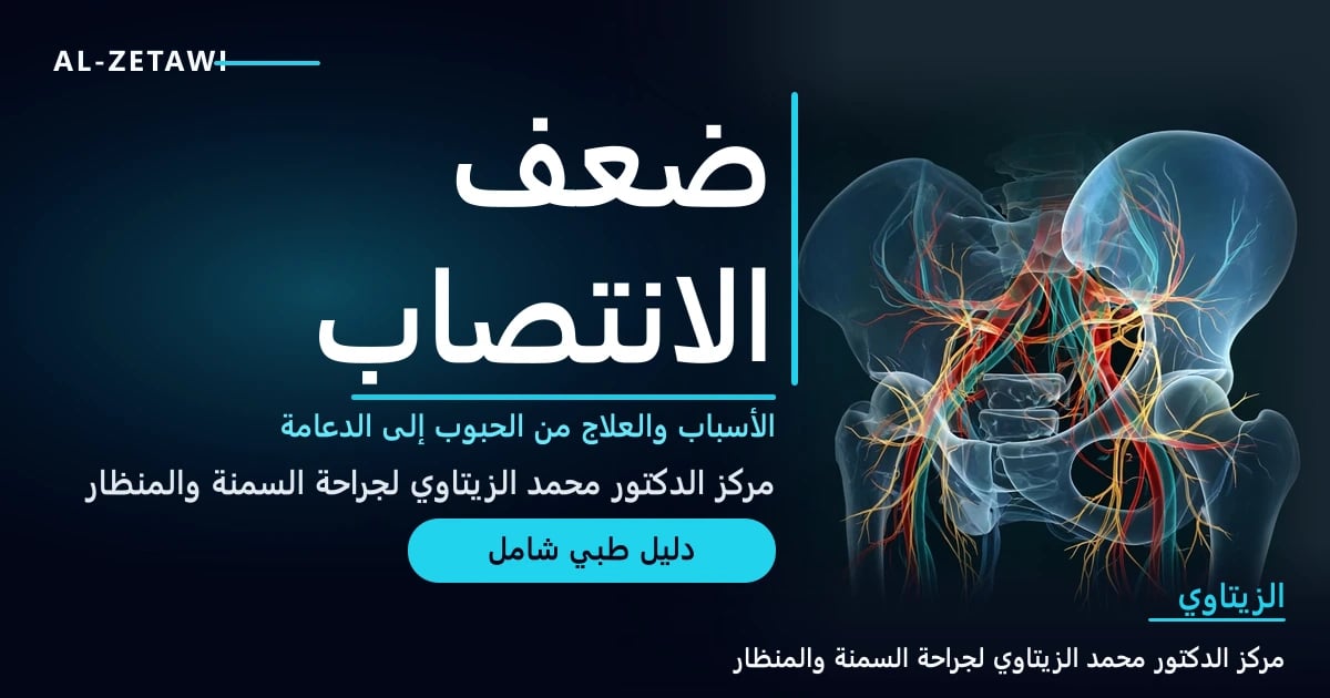 رسم طبي سريري غير صريح لأوعية دموية ومسارات عصبية متوهجة في الحوض داخل جذع سفلي شفاف — ضعف الانتصاب | د. محمد عبد الوهاب الزيتاوي