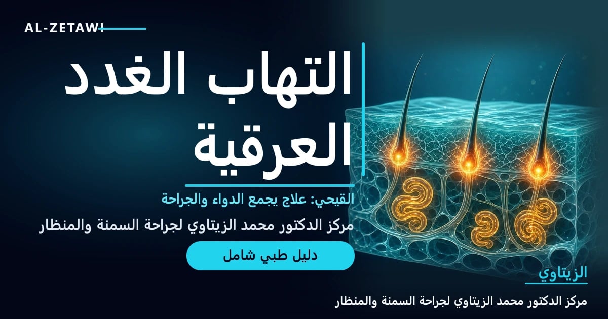 رسم طبي ثلاثي الأبعاد لمقطع في الجلد بطبقات فيروزية شفافة تظهر فيه بصيلات غدد عرقية ملتهبة مضيئة بلون كهرماني وأنفاق صغيرة تحت السطح — التهاب الغدد العرقية القيحي | د. محمد عبد الوهاب الزيتاوي