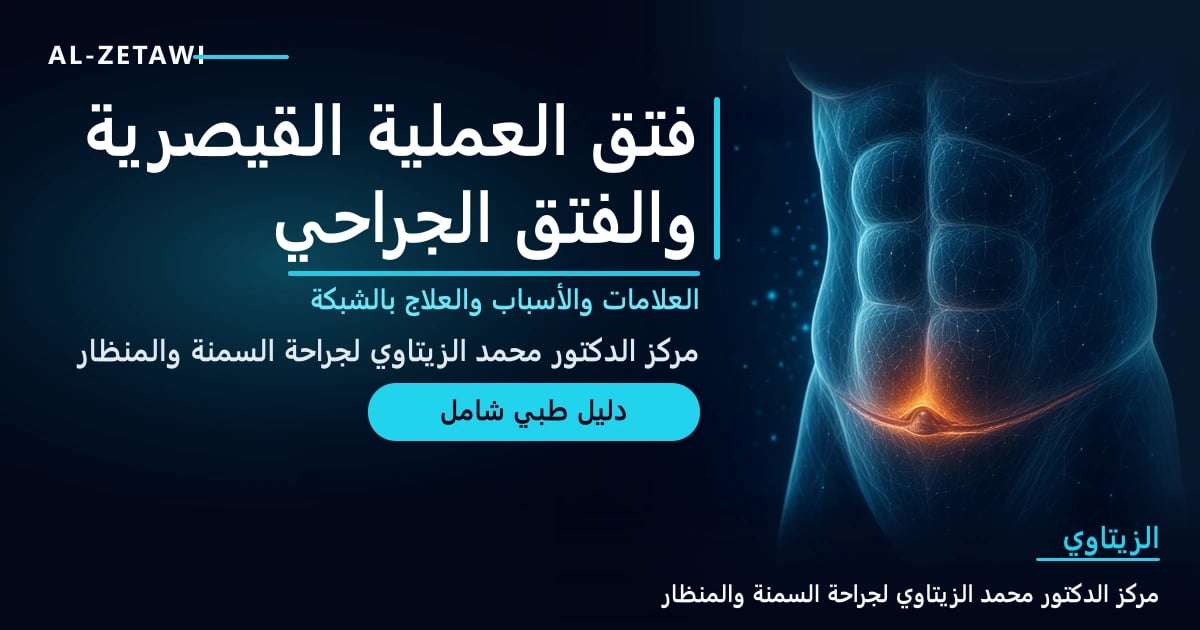 رسم طبي ثلاثي الأبعاد لجدار البطن بلون فيروزي شفاف مع جرح عرضي منخفض وانتفاخ صغير متوهج بالبرتقالي فوق الجرح — فتق العملية القيصرية والفتق الجراحي | د. محمد عبد الوهاب الزيتاوي